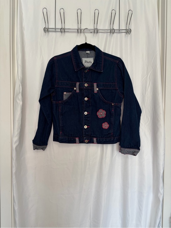 Other - Philly Dark Indigo Denim Jacket with Pink Flower Patches
